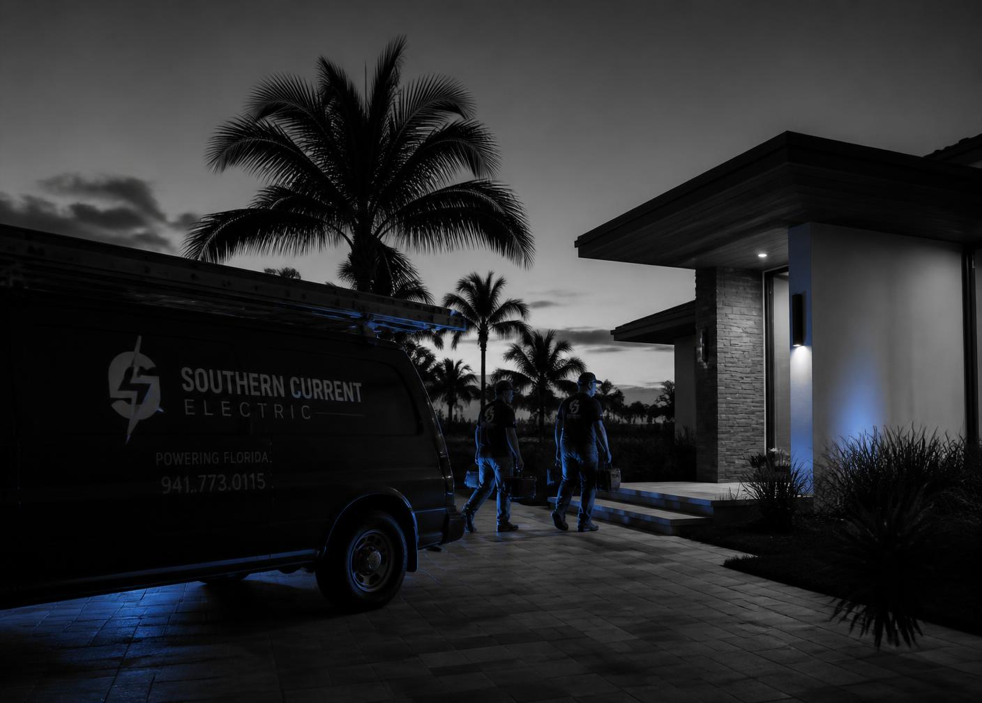 Connect Electric technicians arriving at a Sarasota home at dusk